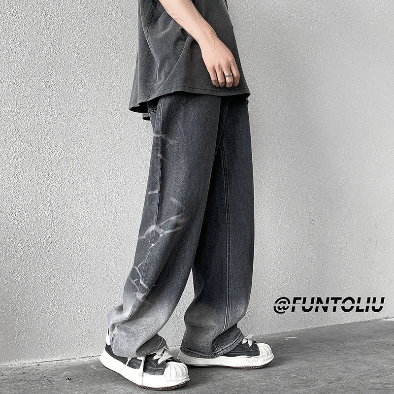 Baggy Jeans Men's Fashion Retro Printing Casual Wide Leg Jeans Men Streetwear Loose Hip Hop Straight Denim Pants Mens Trousers