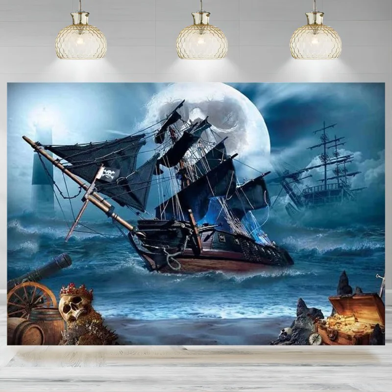 Pirate Theme Photography Backdrop Halloween Nautical Adventure Seascape Sailing Ship Treasure Decorations Horror Banne