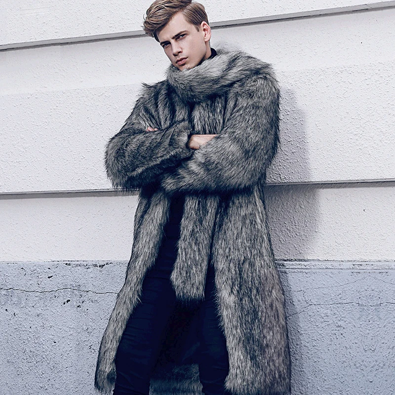

Men Faux Fur Coat Winter Thicken Fluffy Long Sleeve Warm Outerwear Luxury Fur Long Jacket Bontjas Jackets Long Windbreaker Coat