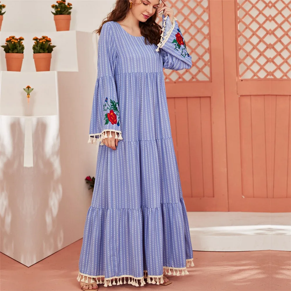 

Muslim Dress Women Ramadan Fashionable Blue Embroidered Fringed Maxi Dresses 2022 New Kaftan Abayas Moroccan Vestidos Djellaba