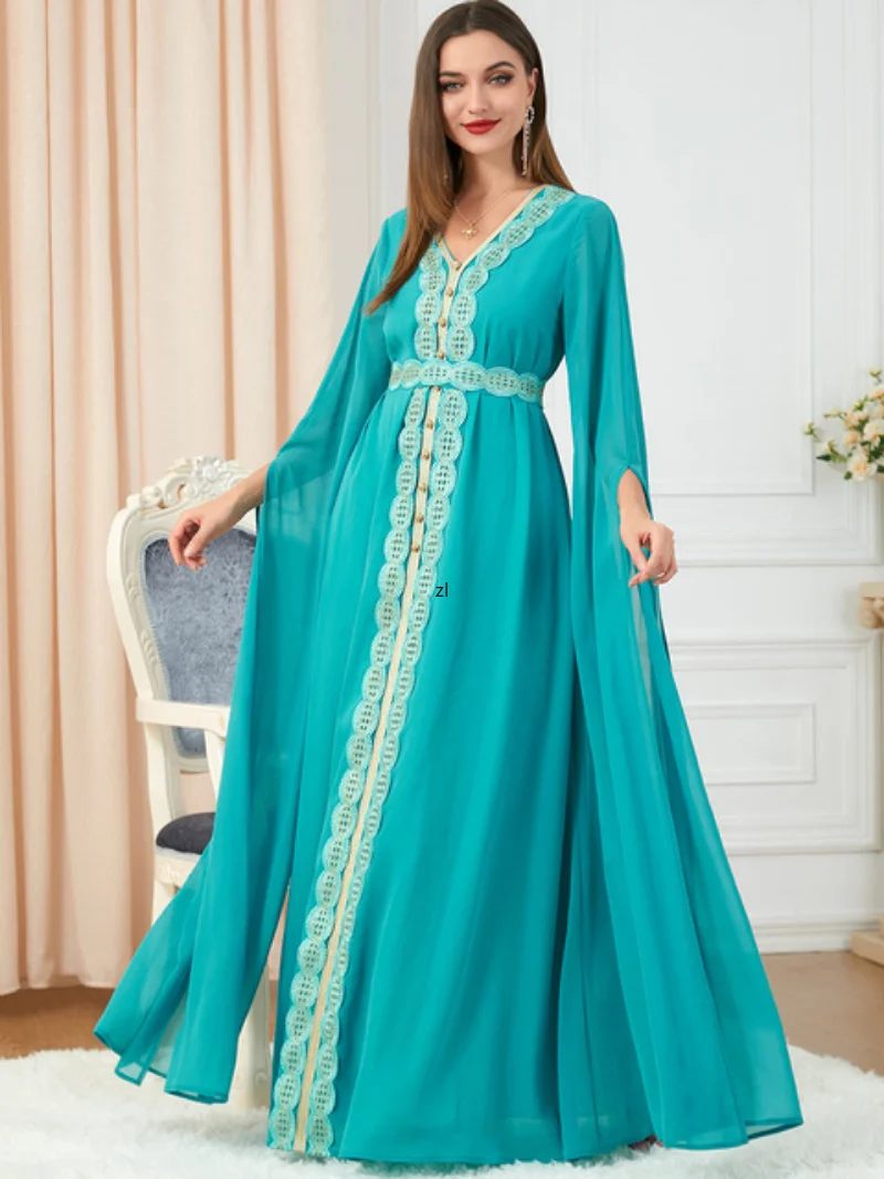 

Eid Morocco Party Dress Women Abaya Embroidery Long Sleeve Belted Kaftan Abayas Muslim Dubai Gowns Morocco Evening Vestiods