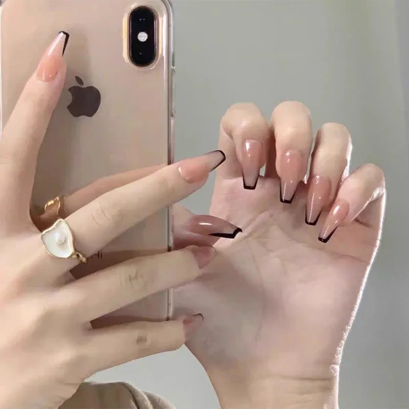 

False press on nails medium coffin 24pcs Black french nails Fashion Manicure Patch Wearable full cover fake nail tips for girls