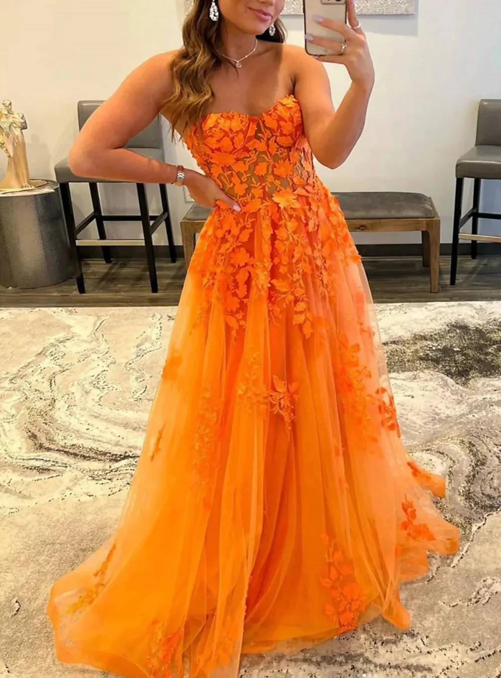 

Sexy Orange A-Line Women Prom Formal Dress 2023 Stapless Backless Floral Lace Tulle Evening Party Gowns Robe De Soiree
