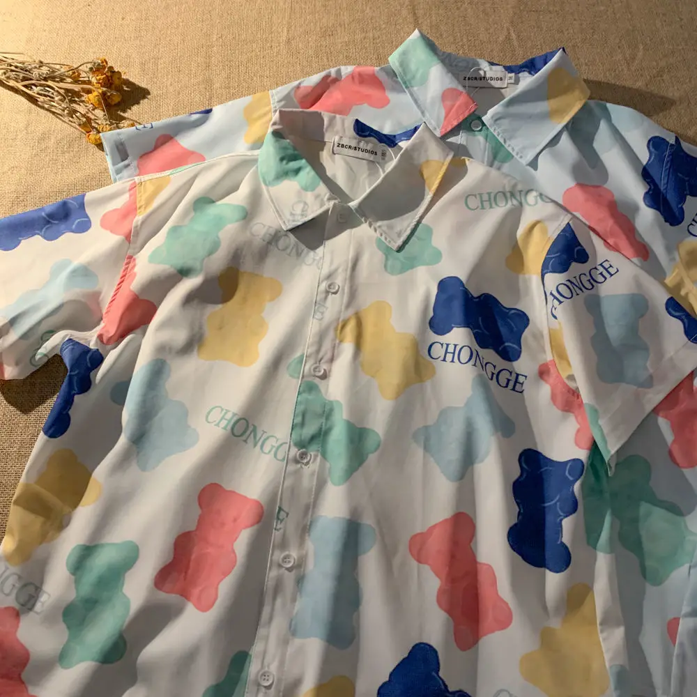 

Ins Japan Kawaii Anime Gummy Bear Full Print Button Up Shirt Men Womens Tops Loose Casual Summer Large 2XL Beach Hawaii Harajuku