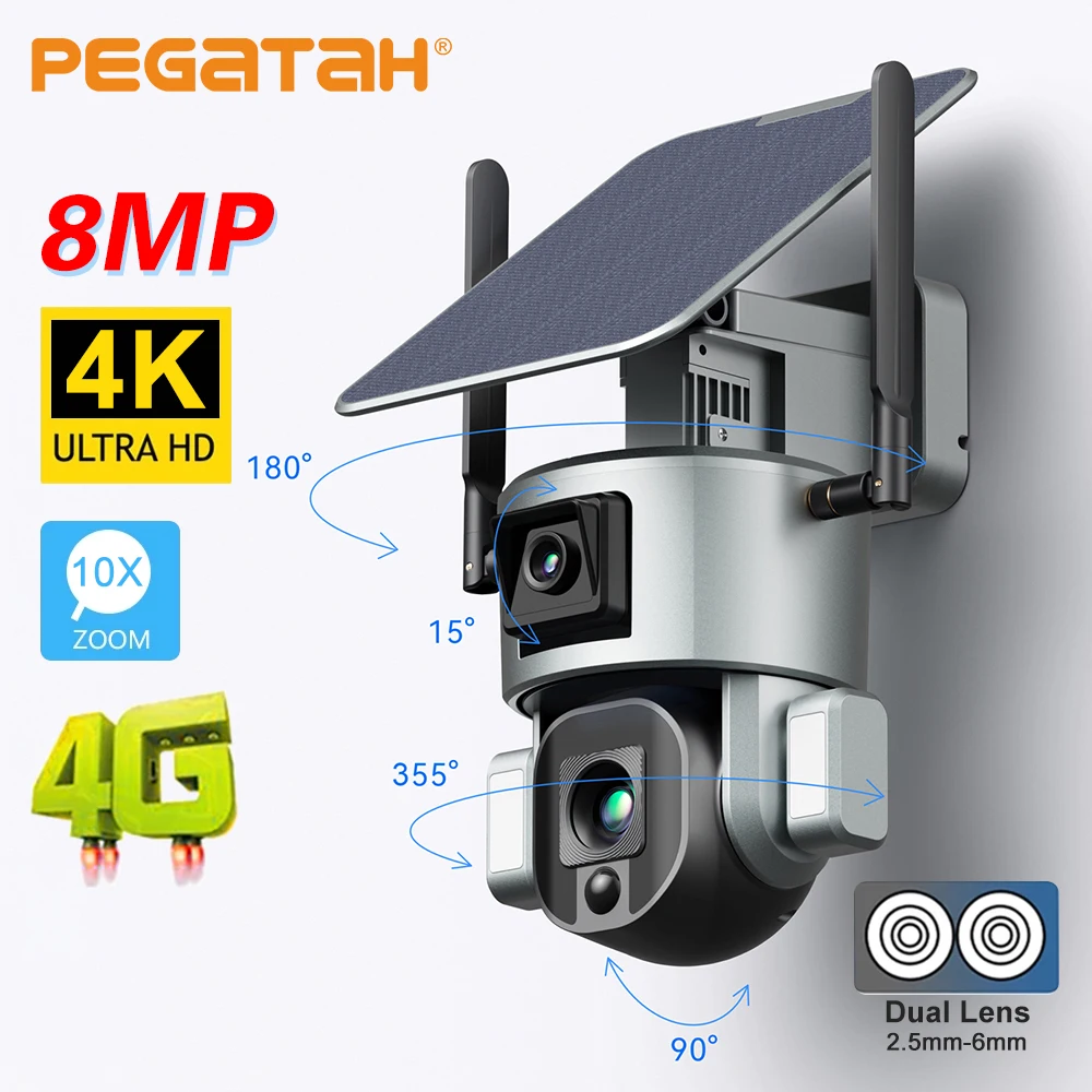 

PEGATAH 8MP 4G Wifi Solar Camera Wireless 4K Dual Lens 4X 10X Solar Panel Human Detection PTZ Surveillance Outdoor ip Cameras