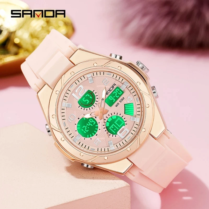 SANDA Sky Blue Watch for Women Analog-Digital Unisex Wristwatch 2023 Fashion Resin Bandwatch Men Watch Luminous Stop Watch 6062