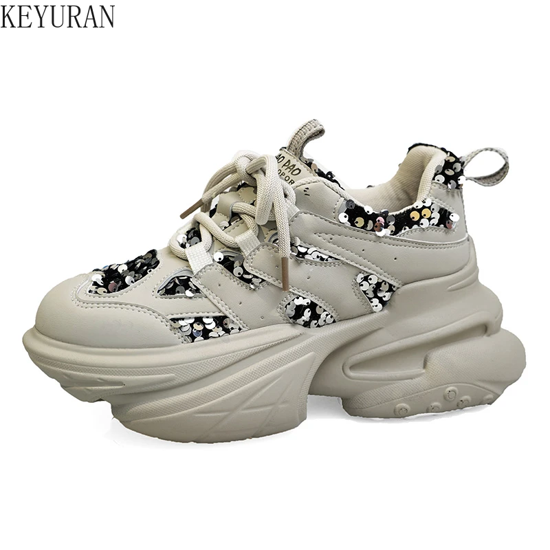 

2023 Autumn 8CM High Platform Sneakers Wome Thick Sole Sequins Casual Dad Shoes Mesh Comfortable Sport Shoes Zapatillas Mujer