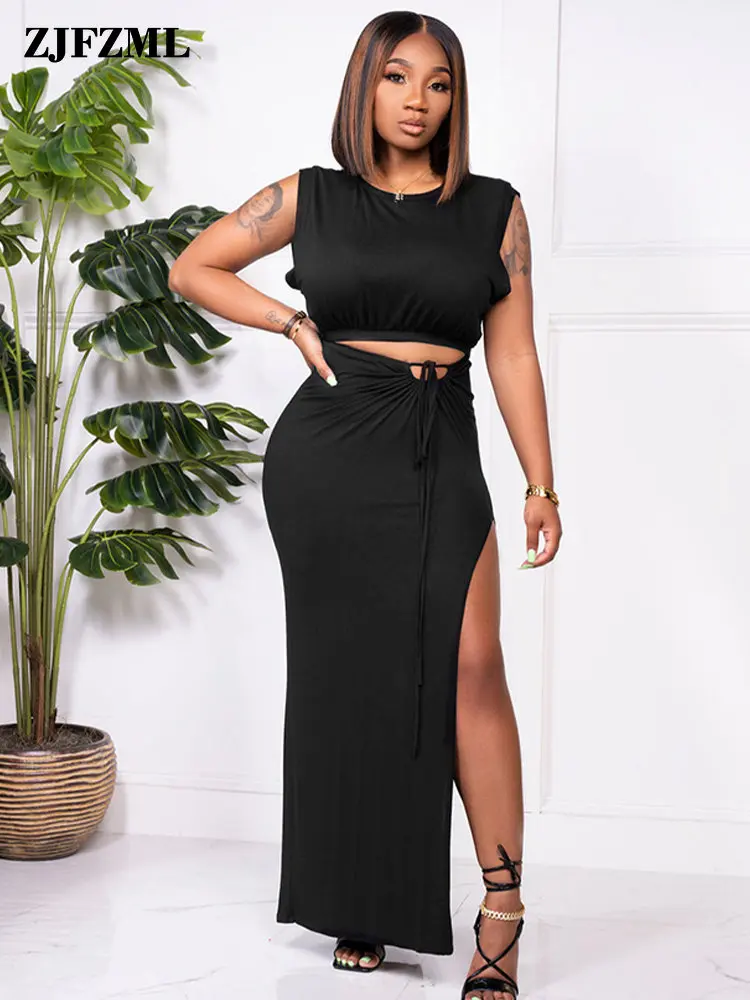 

Simple Solid Two Piece Dress Sets Summer Clothes for Women Sleeveless Slim Fit Crop Top and Side High Split Maxi Skirt Outfits