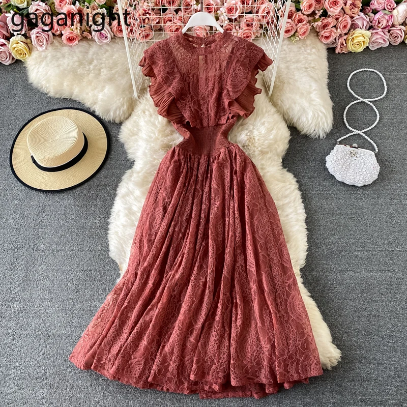 Женское кружевное платье без рукавов с круглым вырезом и оборками | Женская