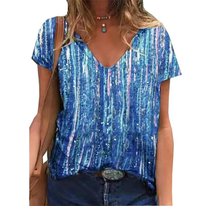 

Short Sleeve Women T-Shirts Summer Female High Street Tee Lady Striped Print Casual Tops Large Various sizes V-Neck T-Shirt