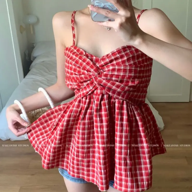

HSA Blouses Women Ruffles Kawaii Off Shoulder Korean Fashion Summer Strap Elegant Thin Female Popular Simple Plaid Tops