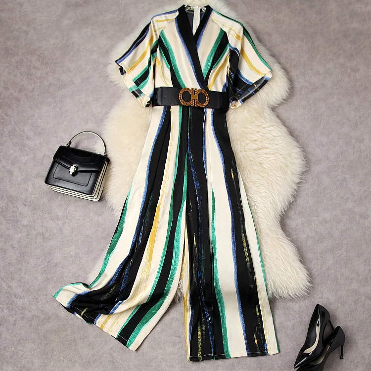 

European and American women's wear spring 2022 new Short sleeve V-neck fashion belt stripe Wide-legged pants jumpsuits