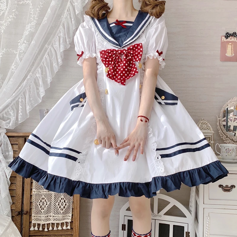 

Japanese College Style Cosplay Lolita OP Sweet Girl Navy Sailor Collar Ruffles Far Point Bow Puff Sleeve Metal Button Dress