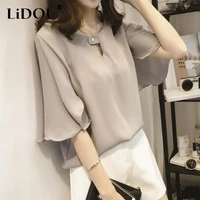 summer oversized blouse women korean fashion flare short sleeve shirt round neck solid simple elegant office lady blusa mujer