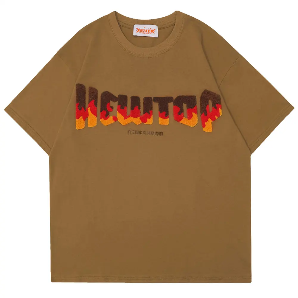 

Мужская хлопковая футболка с вышивкой, круглым вырезом и надписью на огне