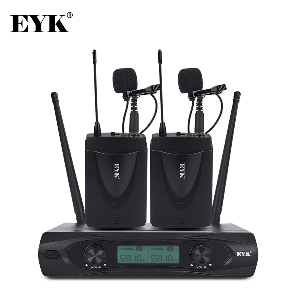 EYK E220U UHF Dual Channels Wireless Microphone 2 Bodypack Transmitter With Headset and Lavalier Lapel Mic for Church Speech
