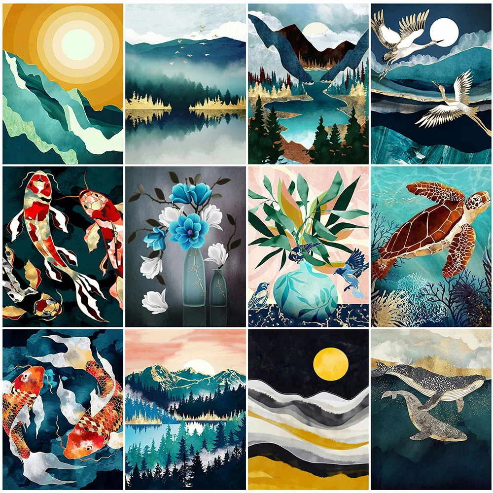 

Алмазная живопись «сделай сам», круглая вышивка с изображением рыб и гор, мультяшная мозаика, вышивка крестиком, домашний декор, подарок руч...