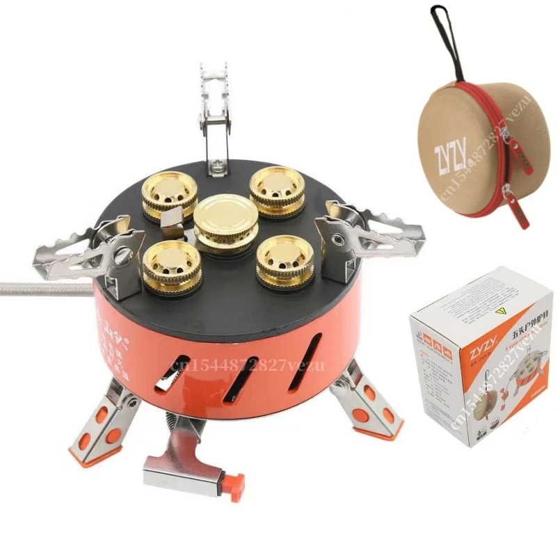 5 Burner Camping Stove Portable Five Head Outdoor Picnic Gas Stove Stainless Steel Backpacking Tourist Burner Camping Supplies