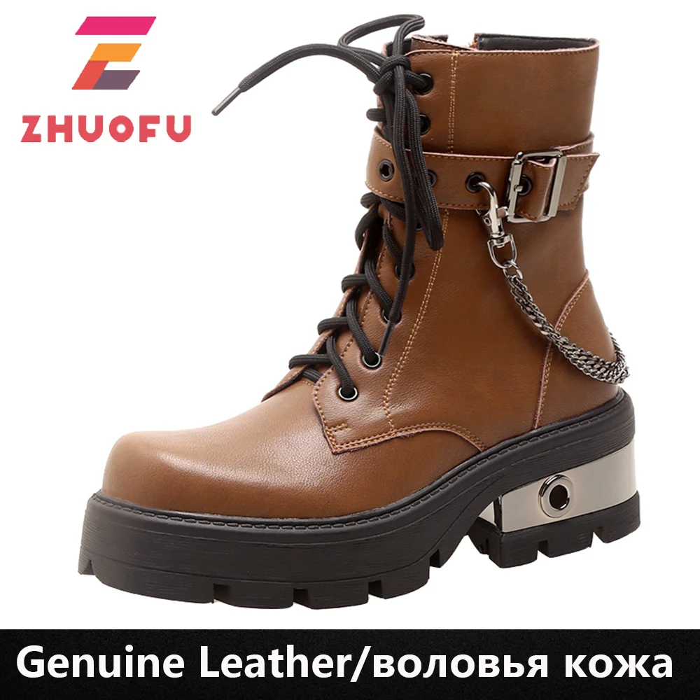 

ZHUOFU 2023 новые ботинки мартинсы с металлическими заклепками женские ботильоны из коровьей кожи однотонные ботинки с круглым носком на толсто...
