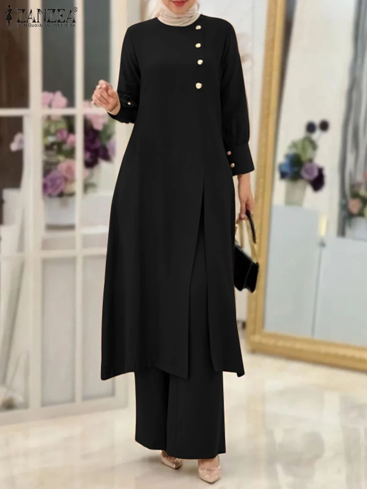 2023 ZANZEA Eid Mubarek Muslim Suit Two Piece Sets Long Sleeve Split Hem Tops Loose Pant Woman Vintage OL Work Urban Tracksuit