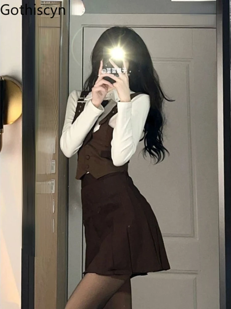 

Gothiscyn Preppy Style Three-piece Suit Korean Campus Short Vest + Long-sleeved Shirt + A-line Skirt Spring Autumn Ladies Suits