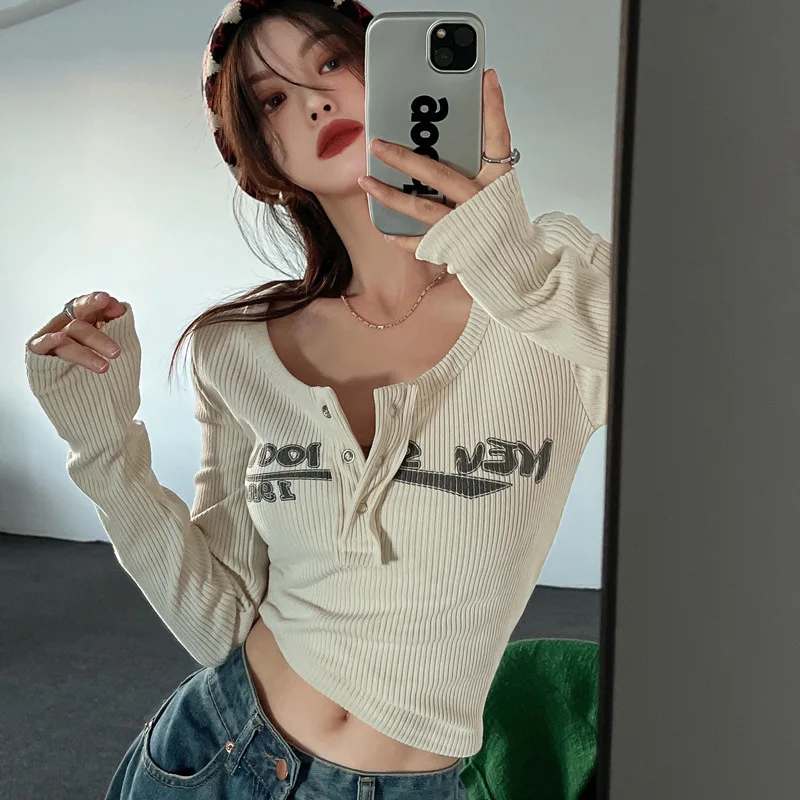 

American hot girl sexy pit strip ins trend letter V neck slim slim long sleeved female short sleeved t shirt women sexy tops