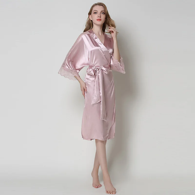 Women Luxury Silk Bathrobe Sleepwear Solid Color Satin Robe Pyjamas For Women Female Lace Trim Bridal Robe Nightgown