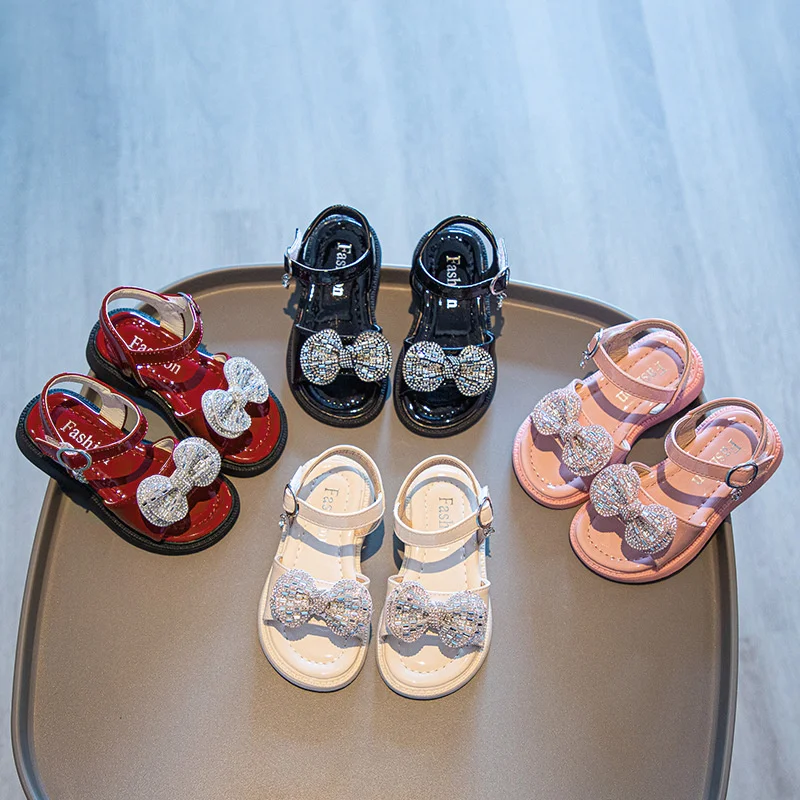 

2022 New Summer Girls Sandals Rhinestone Bow Soft Sole Princess Shoes Little Girls Kids Sandalias Beach Children Princess Shoes