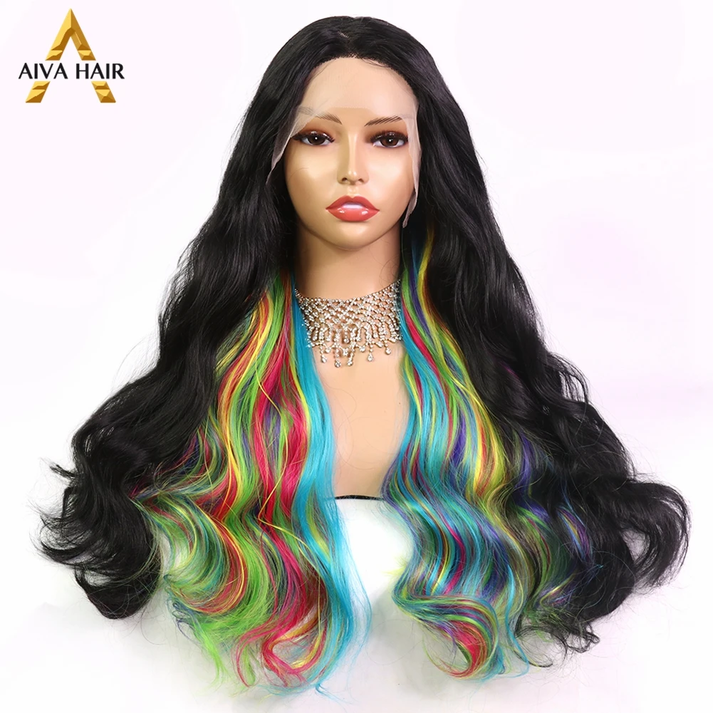 Rainbow Black Synthetic Lace Wigs Aiva Drag Queen Wavy Lace Front Wig Heat Resistant Cosplay Synthetic Wigs For Black Women