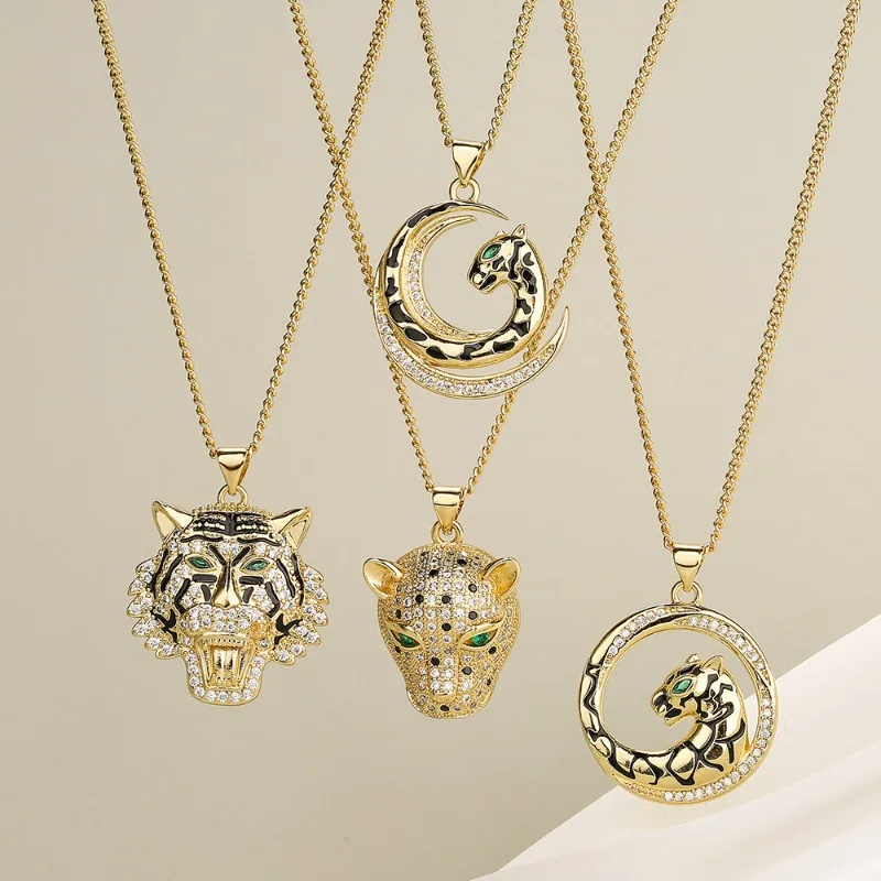 18K Gold Plated Leopard Charm Necklaces Zircon Enamel Black 