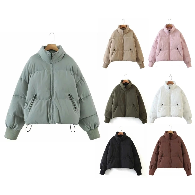 

Women Winter Cropped Puffer Long Sleeve Stand Collar Full Zipper Oversized Drawstring Hem Short Warm Quilted Coat