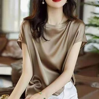 silk thin short sleeve tees korean style slip woman summer clothes elegant black brown tops solid loose casual clothes women