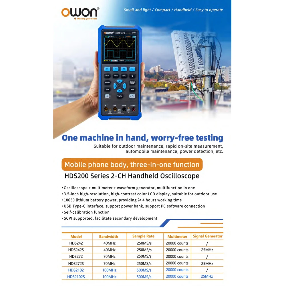 OWON HDS272S 2-канальный 70 МГц HDS2102S 100 Портативный цифровой осциллограф генератор
