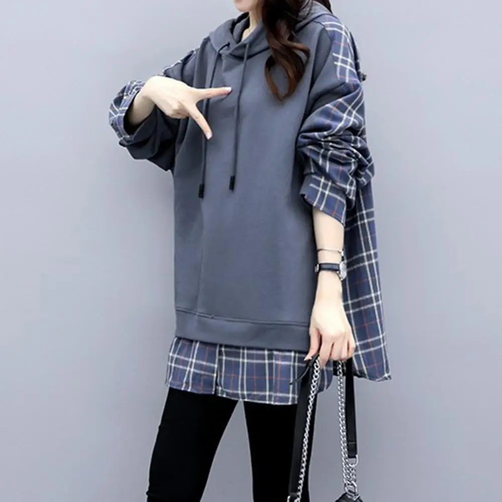 

Plaid Print Women Hoodie Drawstring Hooded Fake Two-piece Spring Hoodie Loose Pullover Korean Style Lady Hoodie For Daily Wear