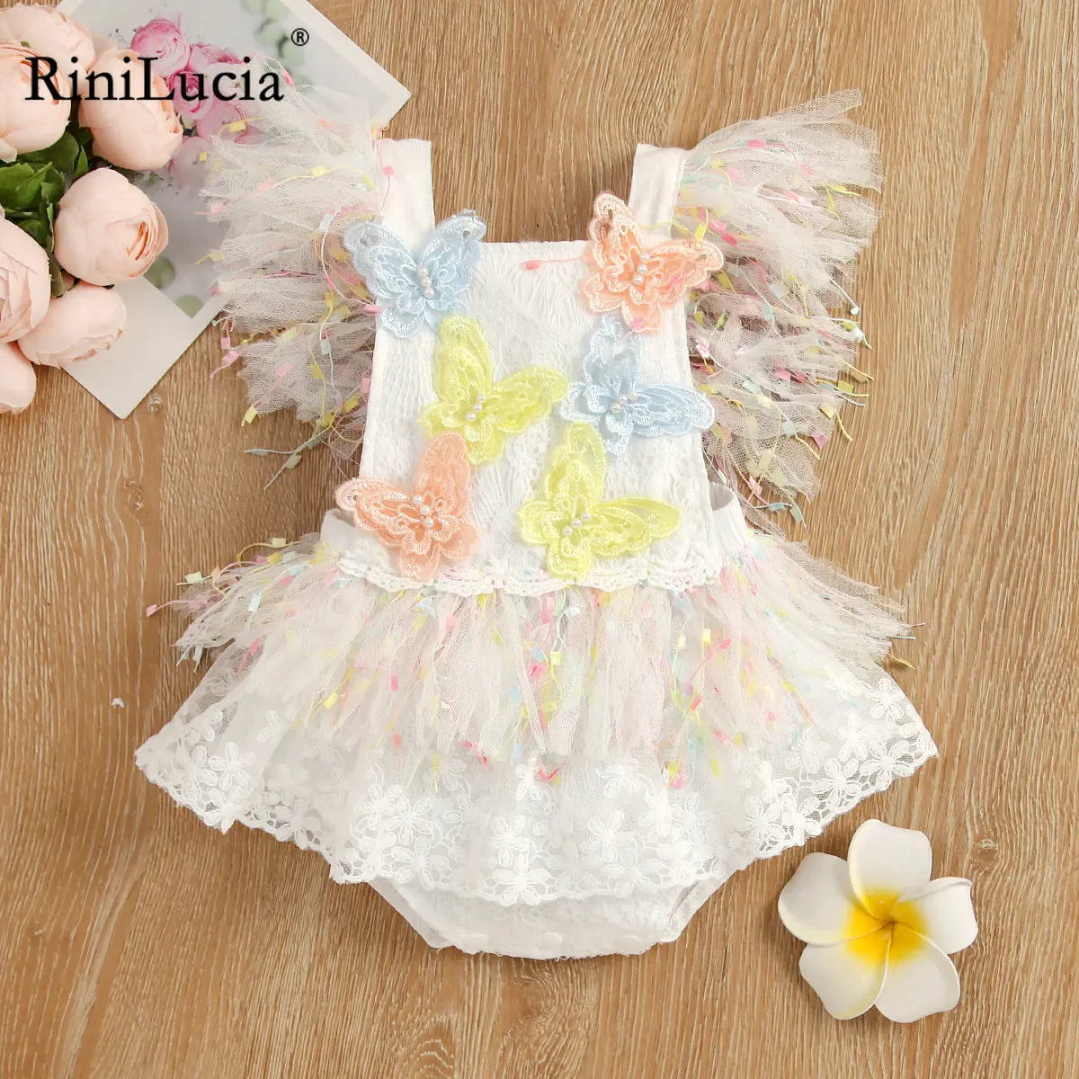 RiniLucia Princess Infant Baby Girls Tassel Patchwork Romper Dress Sweet Baby Fly Sleeve Backless Jumpsuit Summer Romper