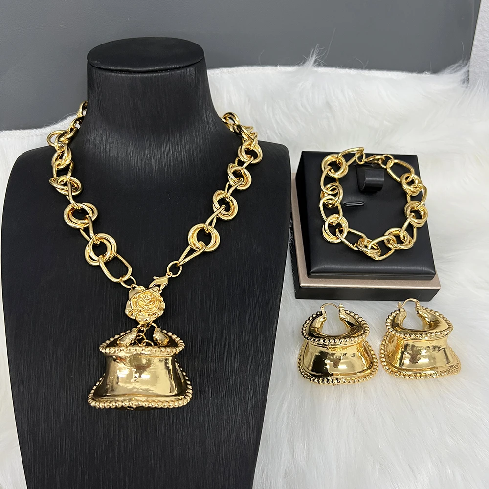 

Women Exaggerate Large Pendant Necklac With Earrings Bangles Set Wedding Jewelry Dubai Gold Color Luxury Jewelry Sets