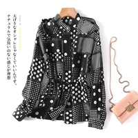 new hooded long sleeve shirt women natural silk high street geometric womens tops single breasted blouse 2022 spring