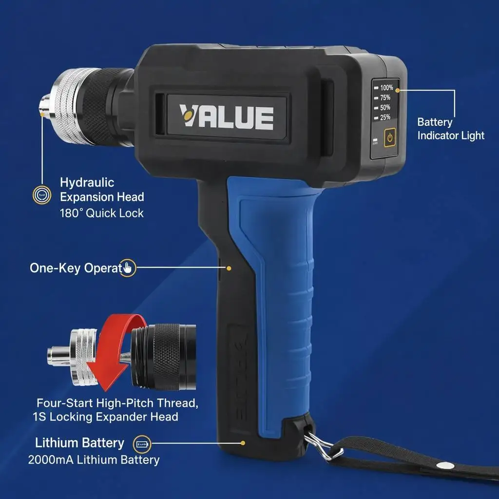 Фото Электрический расширитель труб VALUE Power Tube Expander VEE-2, полностью автоматический, с бесщеточным двигателем, литиевая батарея 7.4В 2.0Ач, промышленный класс, для систем ОВКВ и холодильного оборудования №1