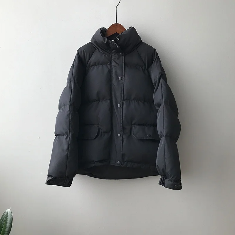 2021 Winter New Stand Collar Thickening Solid Color Bread Jackets Women Loose Down Cotton Coat Female Long Sleeve Warm Outerwear