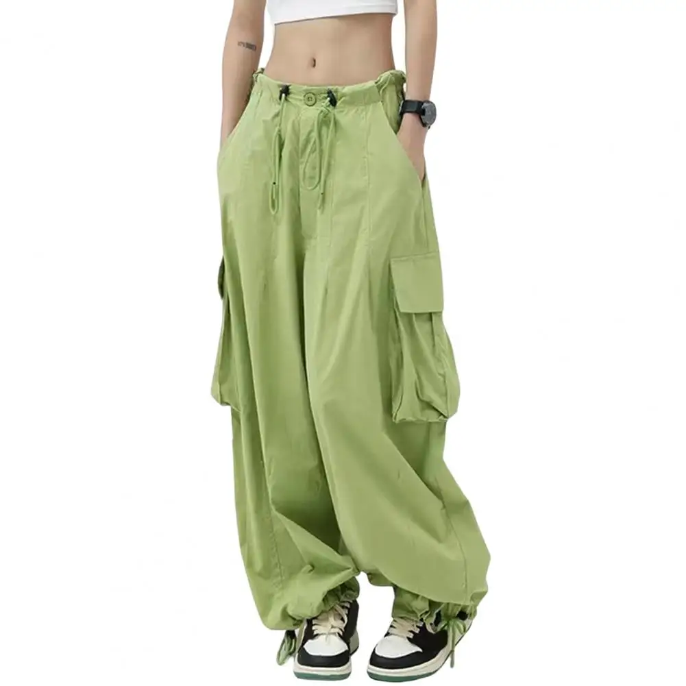 Cargo Pants Women 2023 Unisex Mid-rise Elastic Waistband Drawstring Multi Pockets Straight Wide Leg Oversize Trousers Streetwear