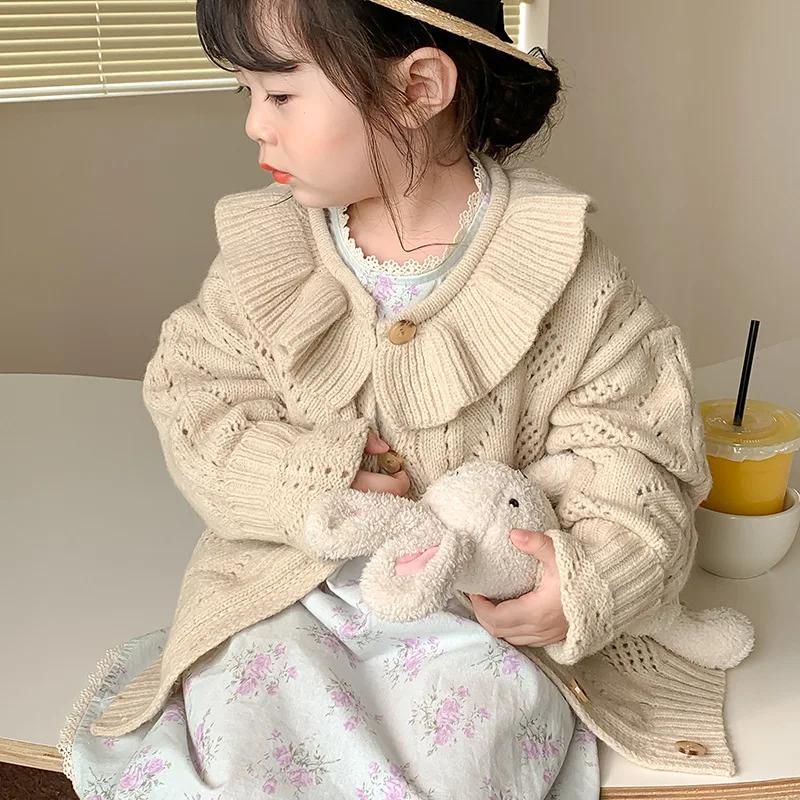 

Girl Sweet Oatmeal Lotus Leaf Collar Hollow Out All-match Cardigan Boy Loose Simple Soft Comfortable Autumn Cotton Sweater