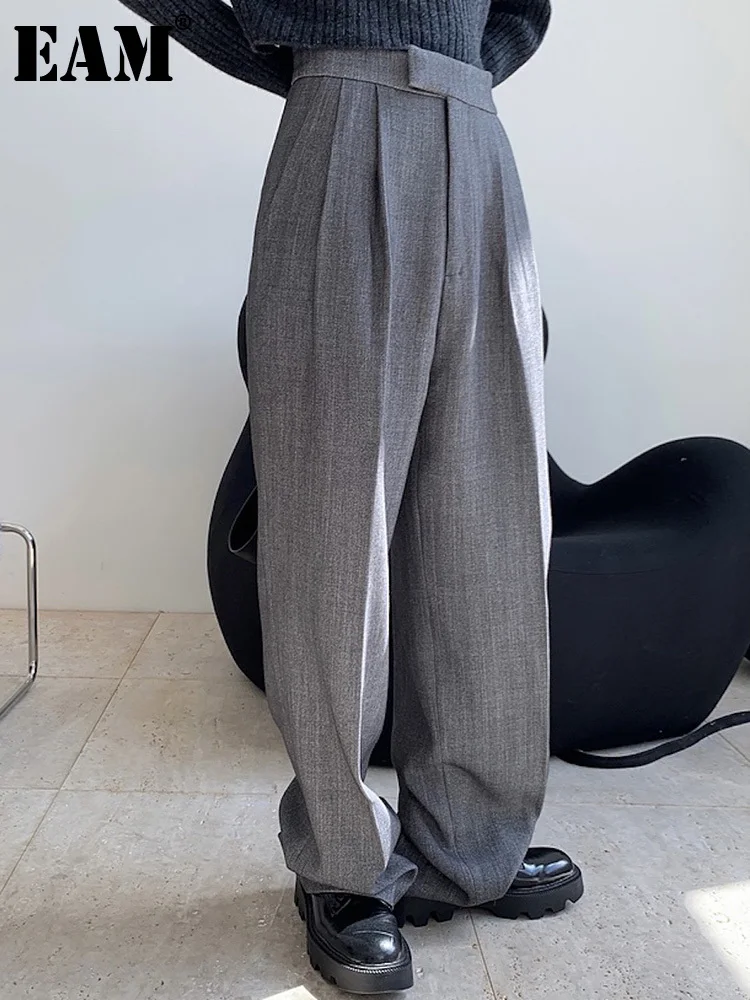 

[EAM] High Waist Gray Casual Pleated Long Wide Leg Pants New Loose Fit Trousers Women Fashion Tide Spring Autumn 2023 1DF4429