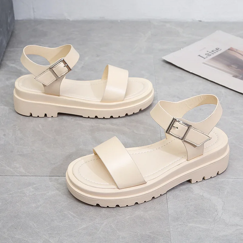 

All-Match Beige Heeled Sandals Comfort Shoes for Women Med Muffins shoe 2023 Summer Buckle Open Toe Large Size Clogs Wedge Black