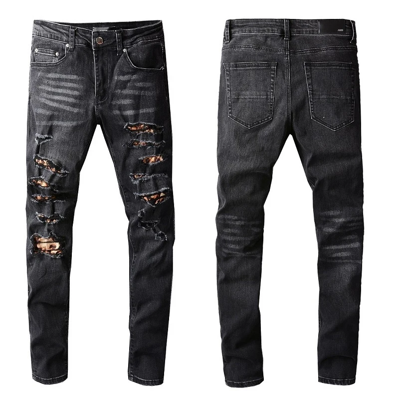 

Fashion Trend Brand Jeans AMR Jean Street Retro Hole Patchwork Men Jean Noir Homme Hip Hop Black Flower Patchwork Jeans Men