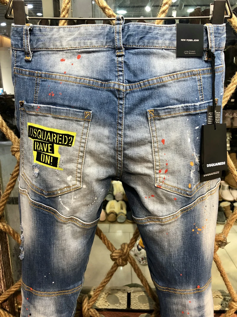 New Men's Dsquared2 Buttons Jeans Ripped For Male Skinny  Pants Men's Denim Trousers Top Quality Slim Jeans A226