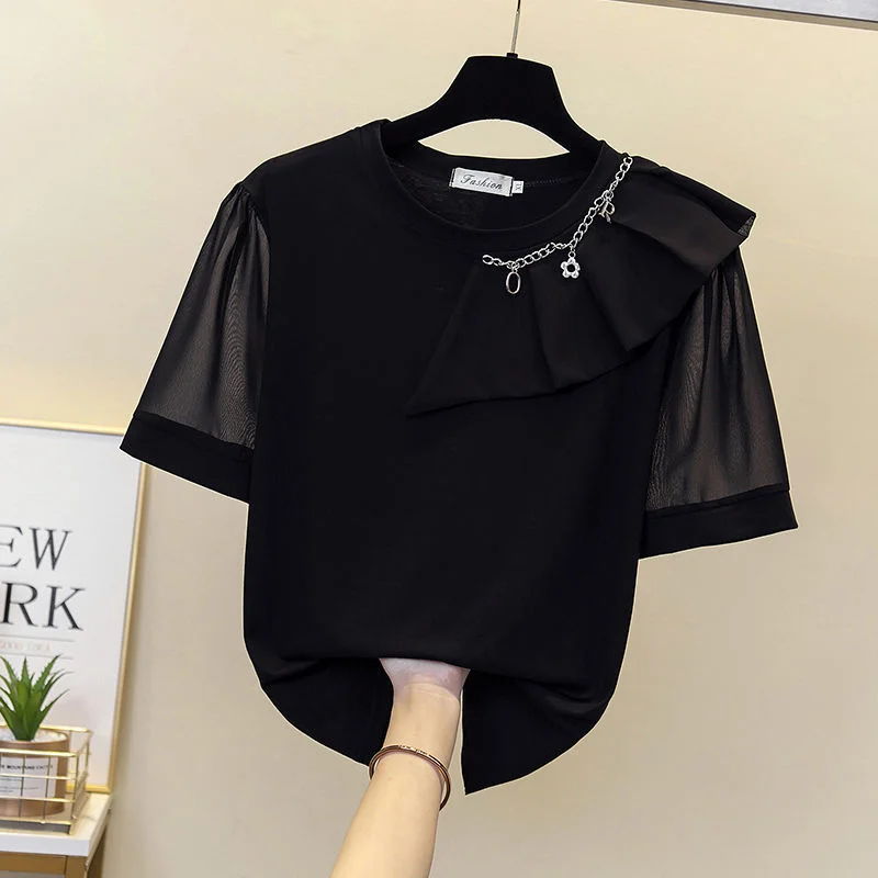 

New Women's T-shirt Small Fragrance Ice Silk Short Sleeve Asymmetric Ruffle Loose Chain Chic Casual Pullover Ladies Top
