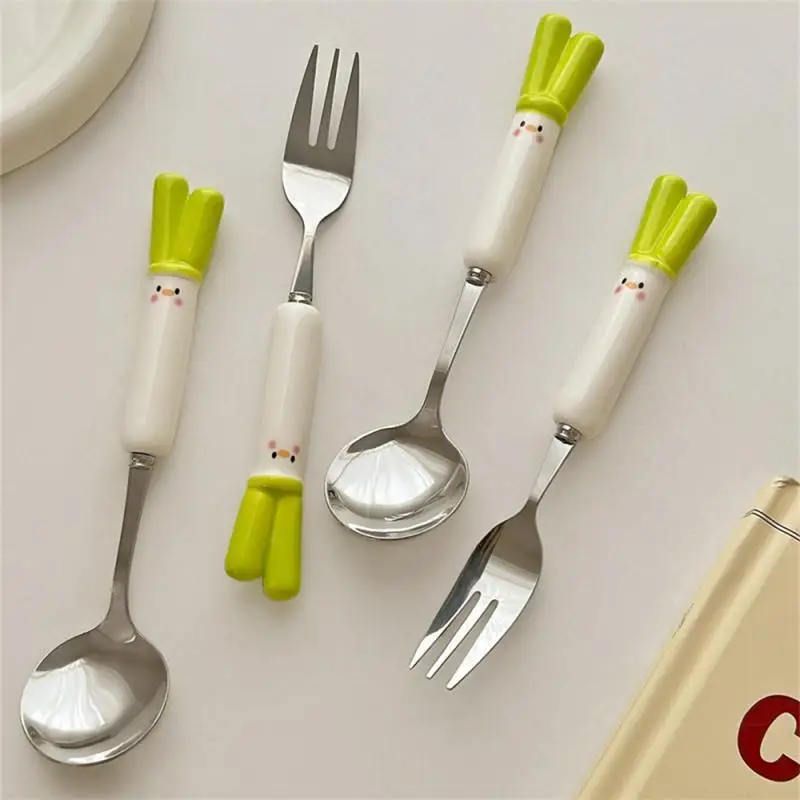 

Net Red Cute Tableware Ins Wind Green Onion Spoon And Fork Set Household Students Office Worker Portable Tableware Ceramic Spoon