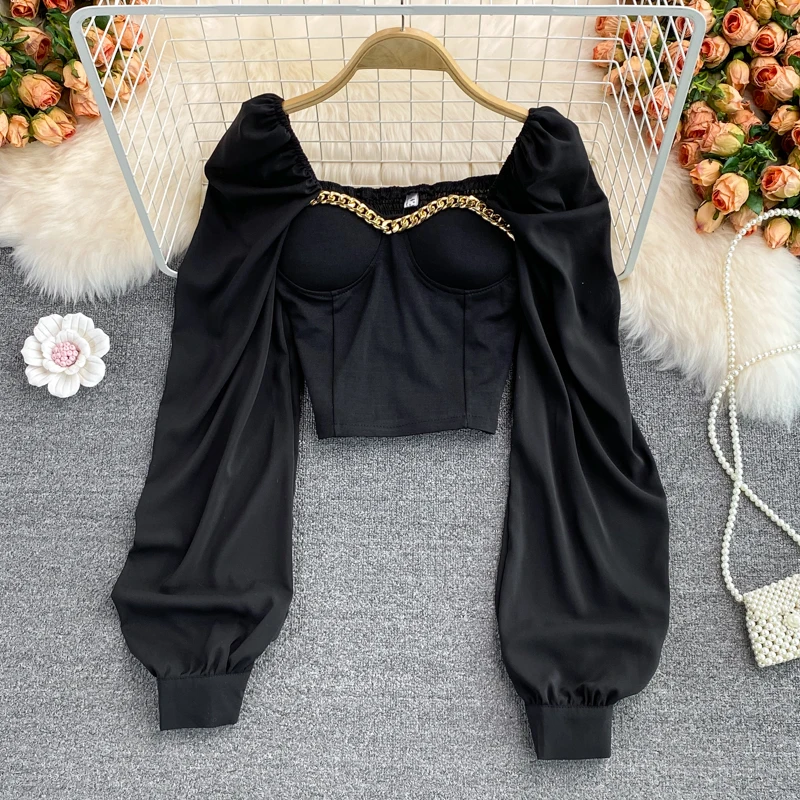 

Spring Women Black/White Blouse Sexy Square Collar Lantern Long Sleeve Short Tops Female Elegant Party Shirt Blusas 2023 New