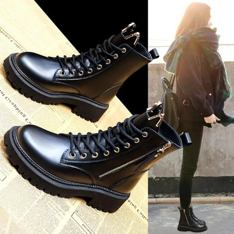 

2023 New Women's Leather Ankle Boots Women Autumn Winter Round Toe Lace Up Shoes Fashion Platform Botas Pu 40 Sapatos Femininos