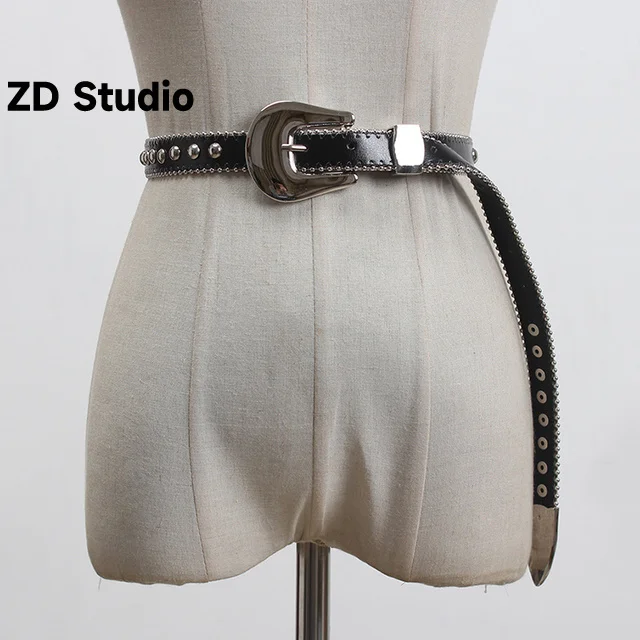 

[ZD Studio] Pu Leather Black Metal Buckle Split Joing Long Belt Personality Women New Tide All-match Spring 2023